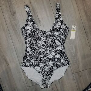 Anne Cole Black White Floral V-Neck Ruched Faux Wrap Front One-piece Swimsuit 14